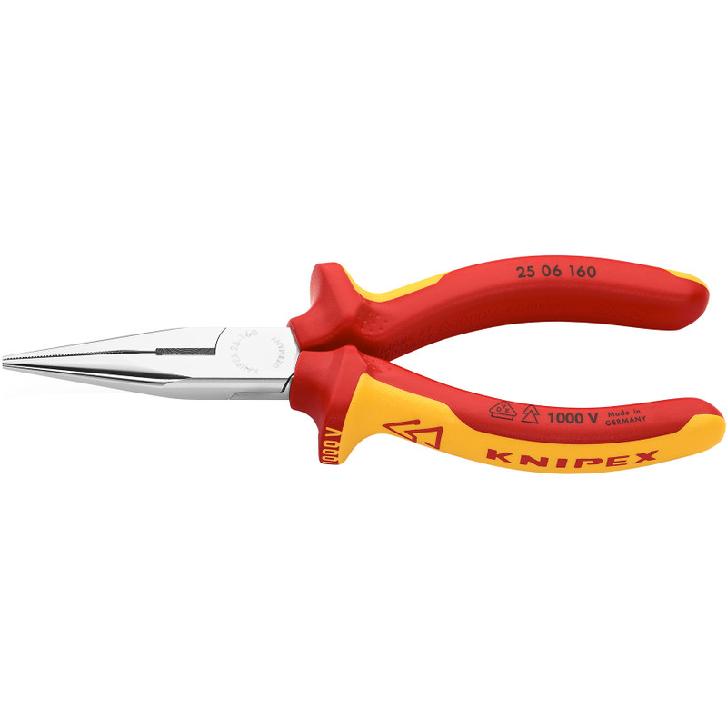 KNIPEX Long Nose Pliers, Snipe Nose w/ Side Cutter, VDE Insulated, 6-1/4" (25 06 160)