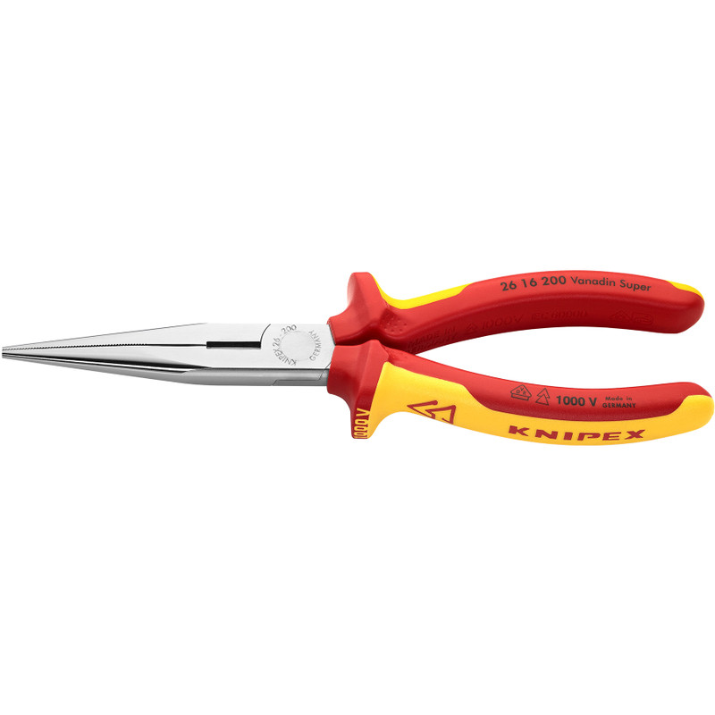 KNIPEX Long Nose Pliers, Snipe Nose w/ Side Cutter, VDE Insulated, 8" (26 16 200)