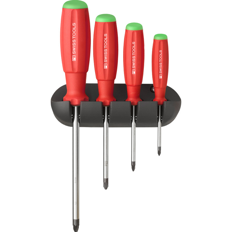 PB Swiss SwissGrip Screwdriver Set, Pozidriv, 4 pcs w/ Wall Holder (PB 8243.CBB)