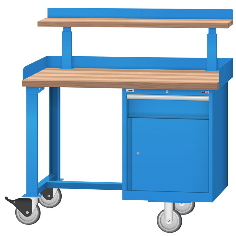 LISTA Mobile Industrial Workbench, w/ Combination Storage Cabinet, Adjustable Riser Shelf & Back & End Stops, 48" W x 30" D x 37.25" H (WB2303-4830)