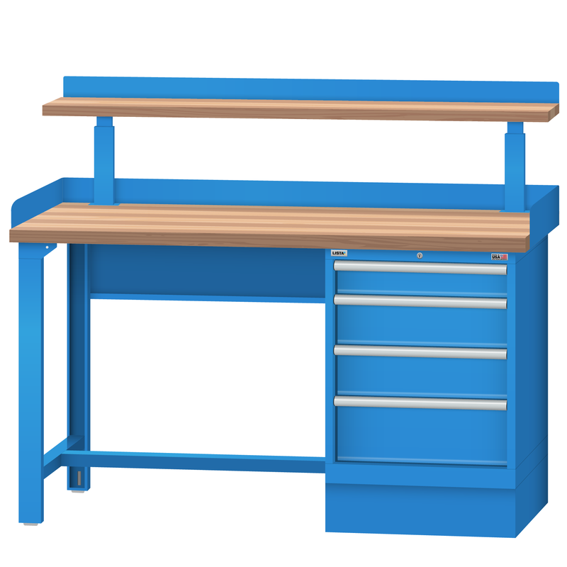LISTA Industrial Workbench, w/ 4 Drawer Storage Cabinet, Adjustable Riser Shelf & Back & End Stops, 60" W x 30" D x 35.25" H (WB1203-6030)