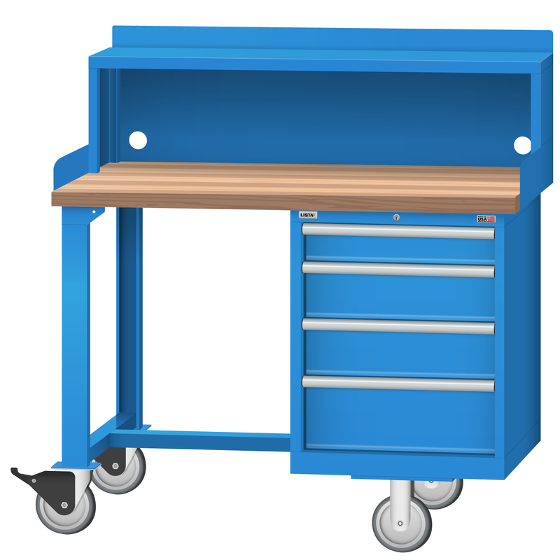 LISTA Mobile Industrial Workbench, w/ 4 Drawer Storage Cabinet & Stationary Riser Shelf, 48" W x 30" D x 37.25" H (WB2202-4830)