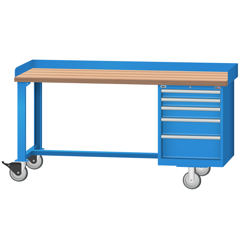 LISTA Mobile Industrial Workbench, w/ 5 Drawer Storage Cabinet, Back & End Stops, 72" W x 30" D x 37.25" H (WB2401-7230)