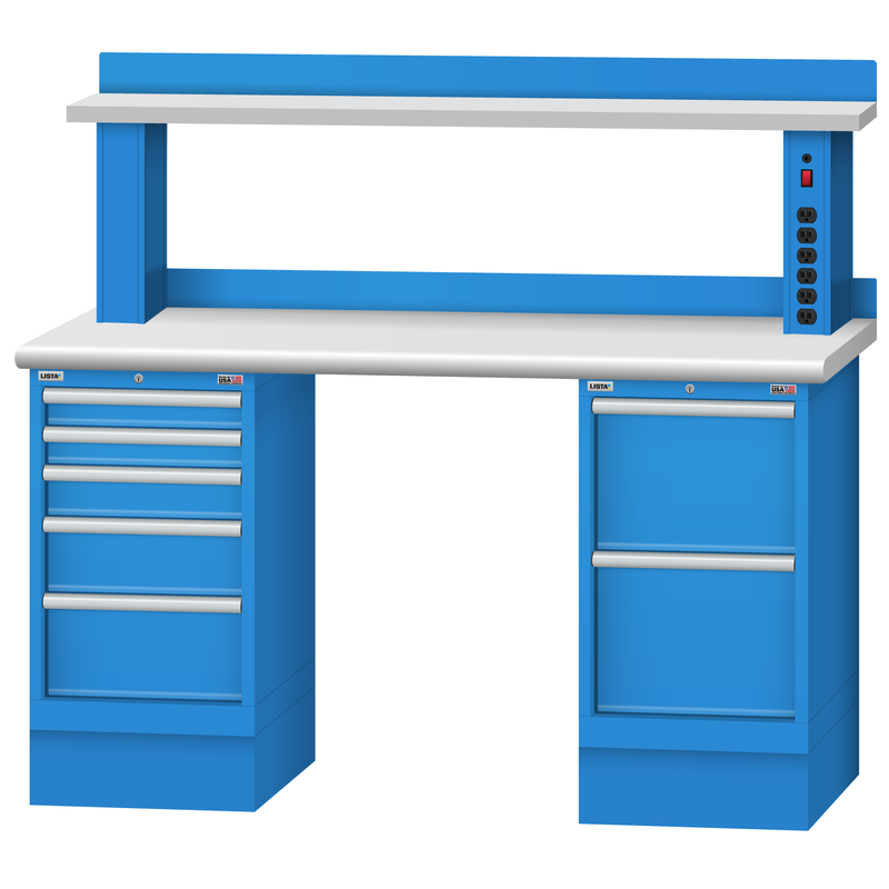 LISTA Technical Workbench, w/ 5-Drawer and 2-Drawer Storage Cabinets, Instrument Riser Shelf and Back Stop, 60" W x 30" D x 35.25" H (TB3502-6030)