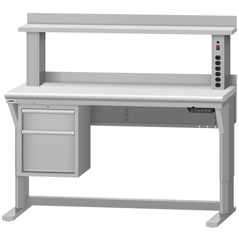 LISTA Align® Workbench, Electric, w/ Hanging Cabinet & Instrument Riser Shelf, 60" W x 30" D x 28.75-43.75" H (ALE/R5202-6030)