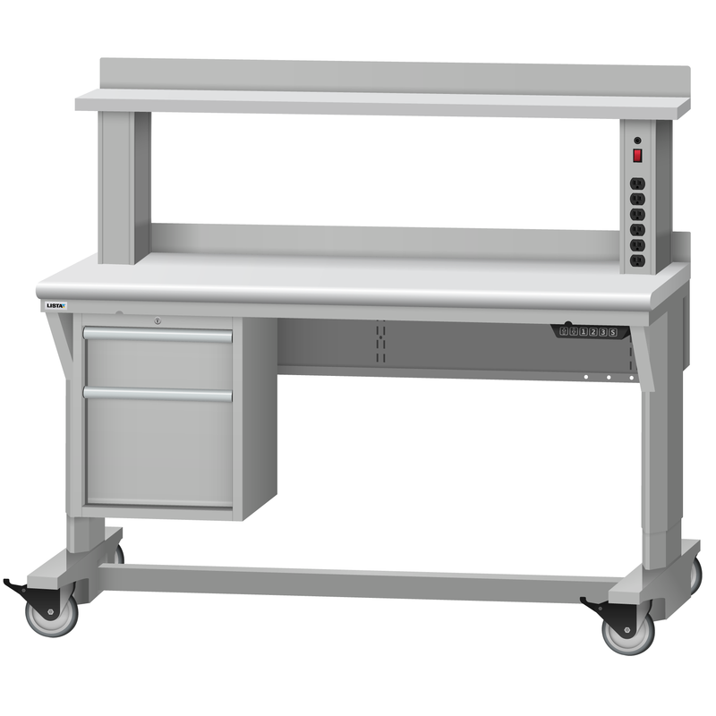LISTA Mobile Align® Workbench, Electric, w/ Hanging Cabinet & Instrument Riser Shelf, 60" W x 30" D x 28.75-43.75" H (ALEM/R5202-6030)