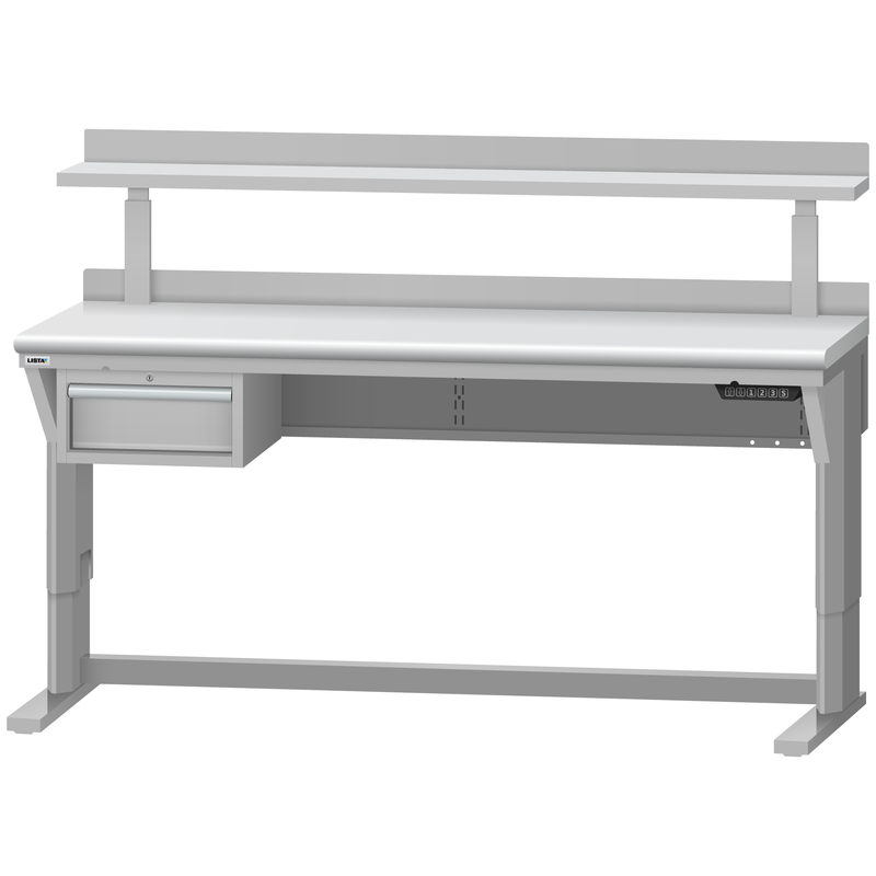 LISTA Align® Workbench, Electric, w/ Hanging Cabinet & Adjustable Riser Shelf, 72" W x 30" D x 28.75-43.75" H (ALE/R5101-7230)