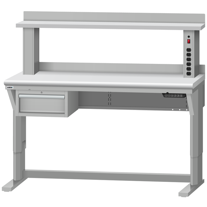 LISTA Align® Workbench, Electric, w/ Hanging Cabinet & Instrument Riser Shelf, 60" W x 30" D x 28.75-43.75" H (ALE/R5102-6030)