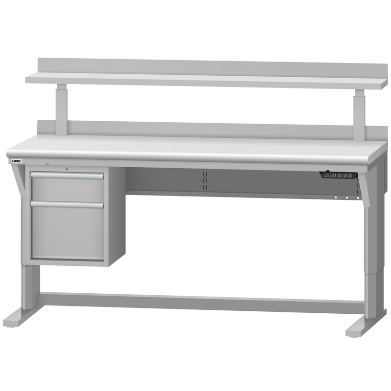 LISTA Align® Workbench, Electric, w/ Hanging Cabinet & Adjustable Riser Shelf, 72" W x 30" D x 28.75-43.75" H (ALE/R5201-7230)