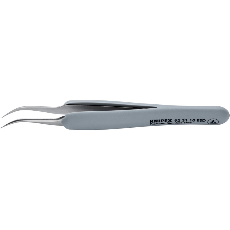 KNIPEX Precision Tweezers, Stainless Steel, Rubber ESD, 45° Angled Tip, 5" (92 31 10 ESD)