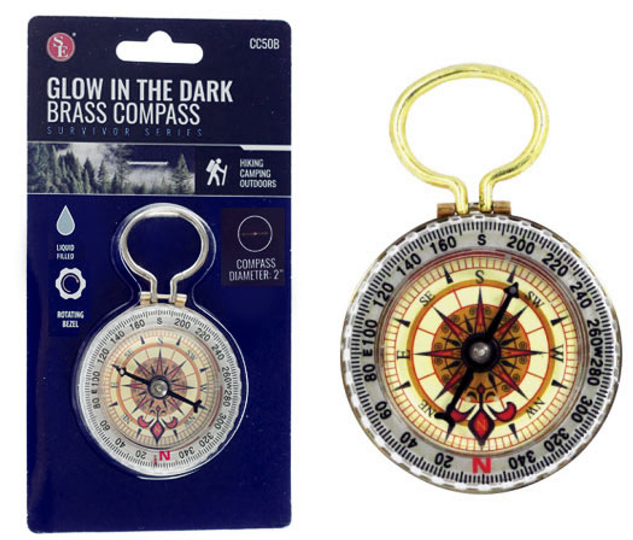 2 BRASS GLOW IN THE DARK COMPASS