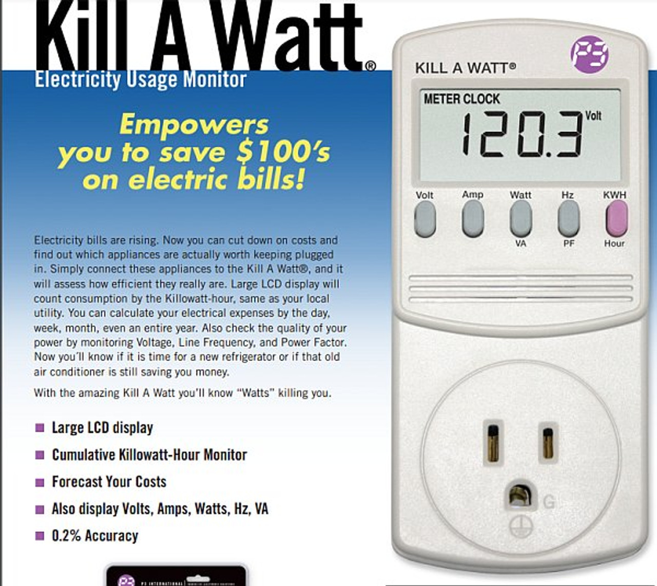 P3 Kill a Watt P4400 Medidor de Consumo Electrico