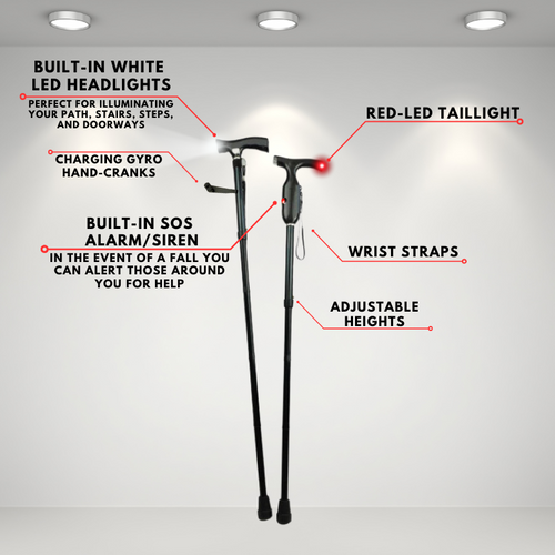 COLLAPSIBLE WALKING CANE WITH LIGHT/SIREN GYRO 38"