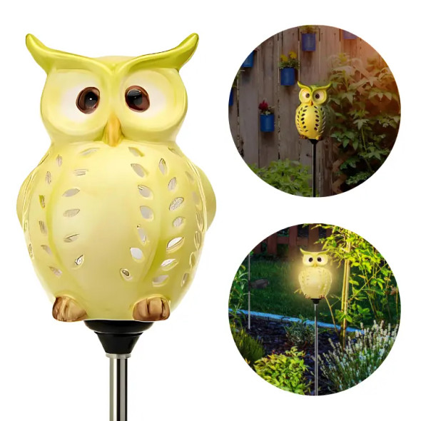 SOLAR POWERED OWL ON STAKE WITH LED AND SOLAR CELL