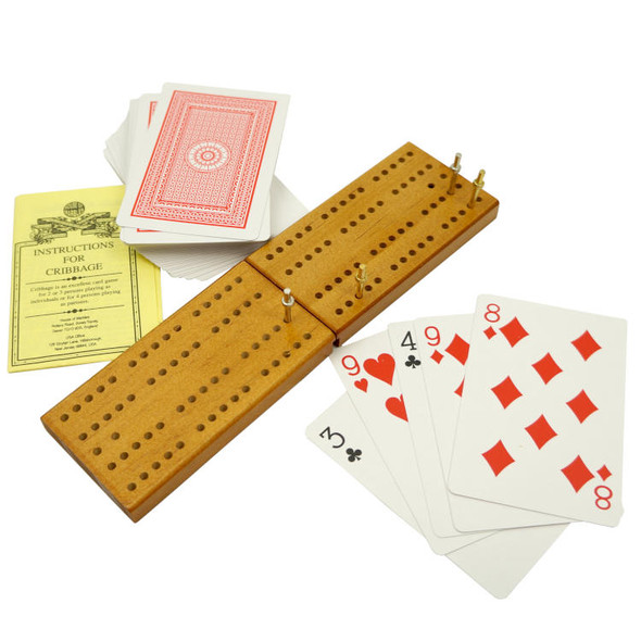 FOLDING WOODEN CRIBBAGE BOARD W/ CARDS & INSTRUCT.