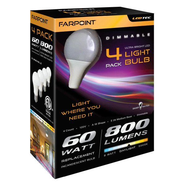 60WATT EQUIVELANT LED BULB 4-PACK 5000K