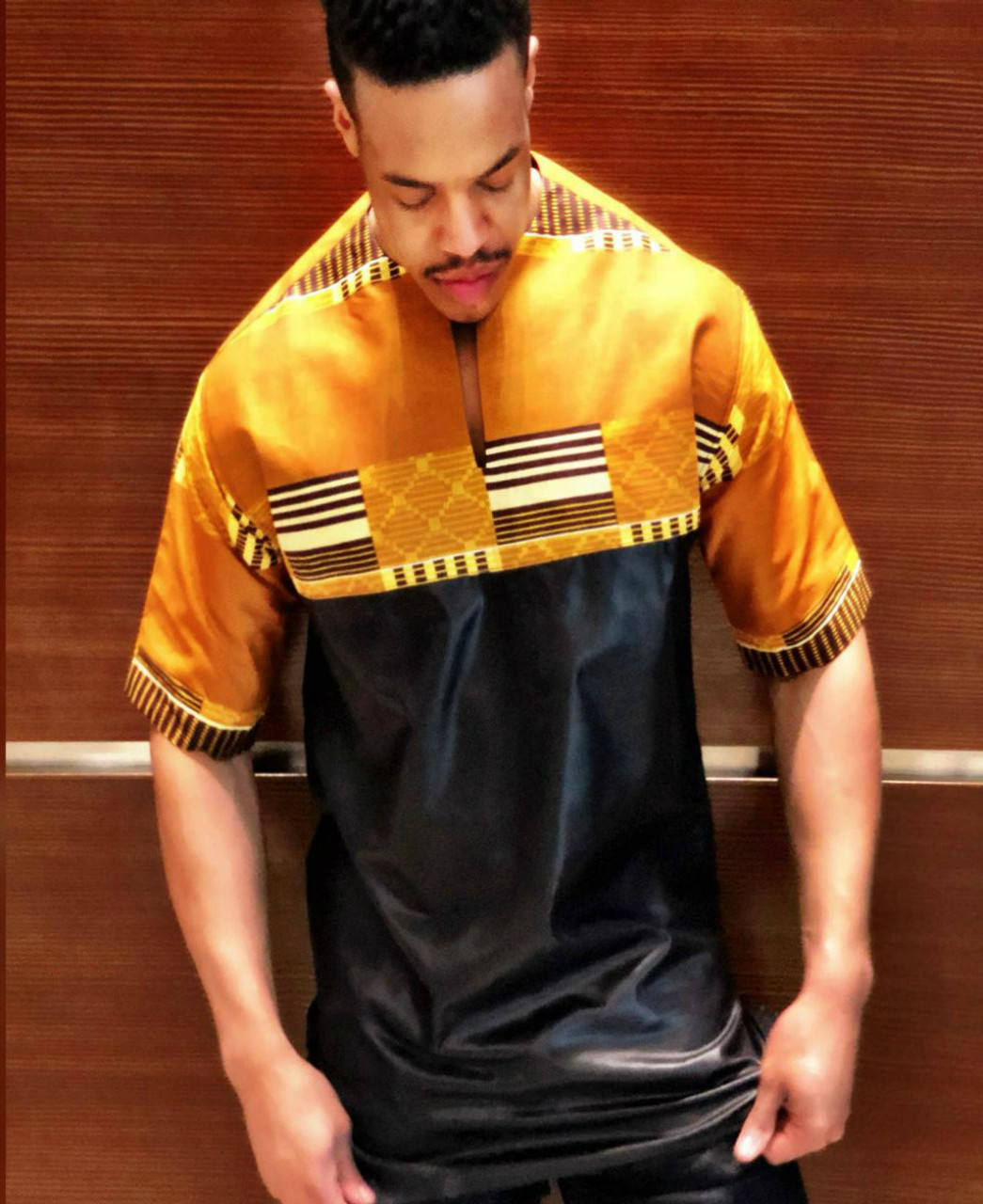 The Short Sleeve Kente Cloth Shirt Gold/Black - MARCHAL'S DESIGNS