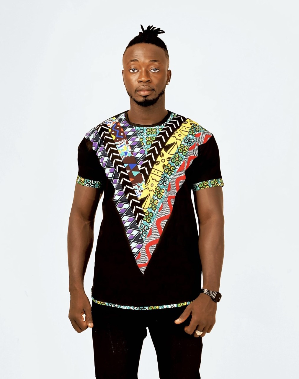 Short Sleeve T-Shirt Woodin African Print Triangle Black - MARCHAL'S DESIGNS