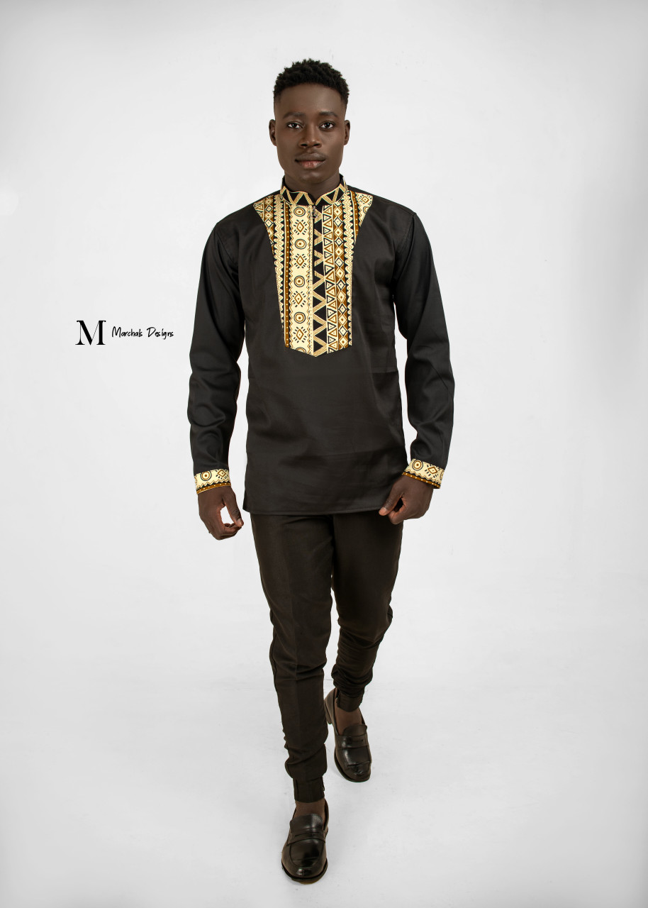 Men's Tunique Long Sleeve Shirt Dashiki Designs Black - MARCHAL'S