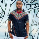 Short Sleeve Men's Collared Shirt with Dashiki Designs Black (CLEARANCE UP TO 50%)