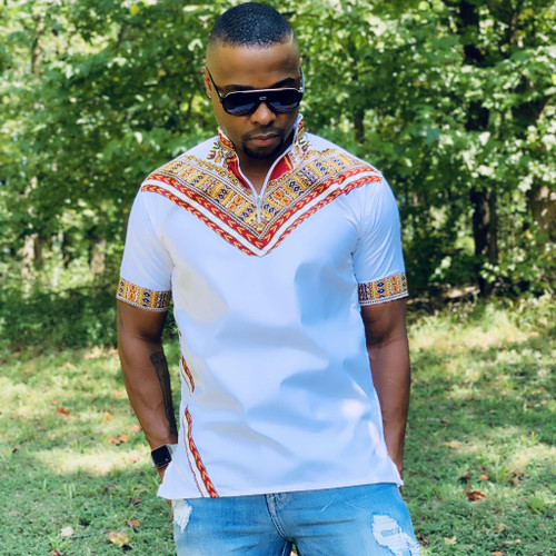 Short Sleeve Men's Collared Shirt with Dashiki Designs White (CLEARANCE UP TO 50%)