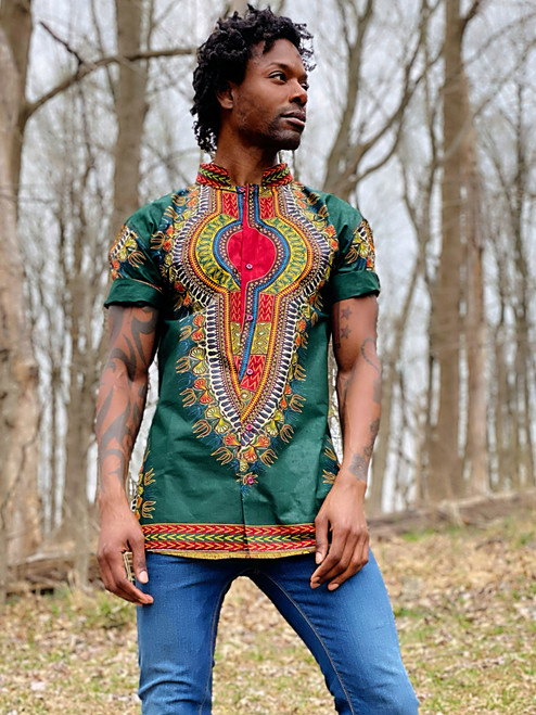  The Collared Short Sleeve Shirt  Dashiki "Addis Ababa" Green