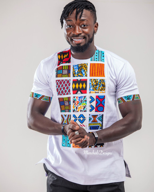 Short Sleeve T-Shirt Woodin African Print Square White