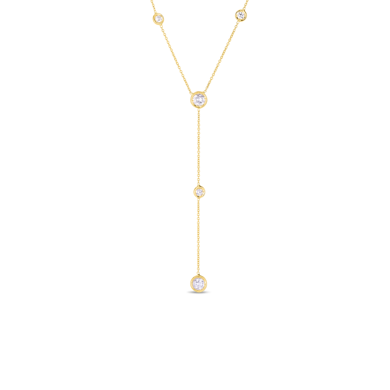 18K Yellow Gold Y Necklace with 5 Diamond Stations R & M Woodrow Jewelers