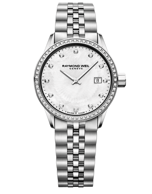 Raymond Weil Freelancer Ladies Steel Diamond Quartz Watch 29 mm, stainless steel bracelet, white mother-of-pearl dial, 67 diamonds