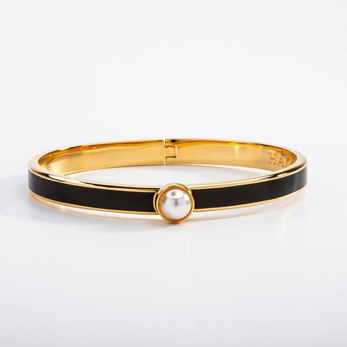 Skinny Cabochon Pearl Black & Gold Bangle 