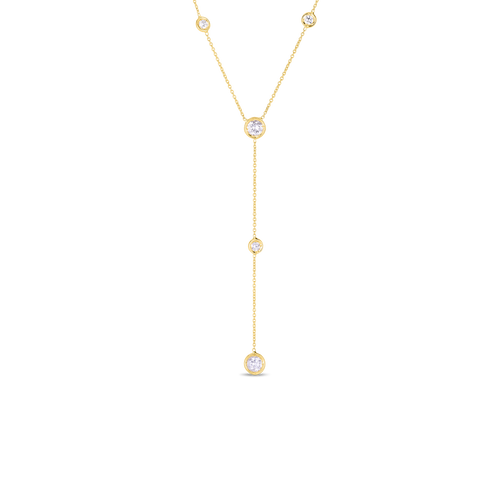 18K Yellow Gold Y Necklace with 5 Diamond Stations