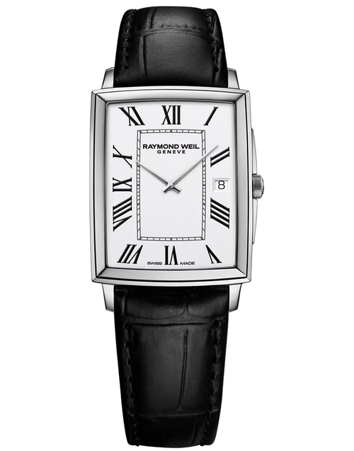 Toccata Men's Classic Rectangular Stainless Steel Leather Watch, 37 x 29 mm Stainless steel, Black leather strap, White dial
