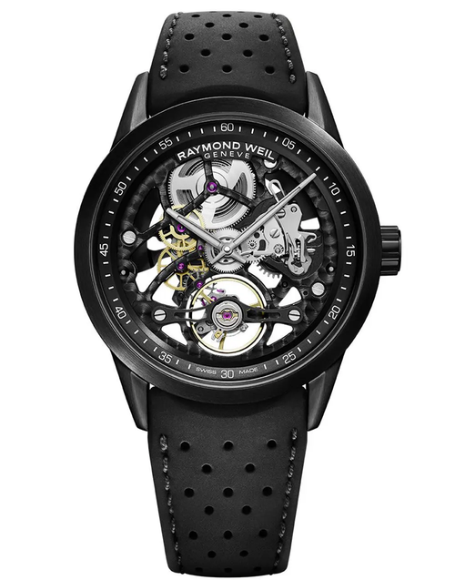 The Freelancer RW1212 Skeleton Watch 42 mm, stainless steel with black PVD coating, black rubber strap, open-worked black dial