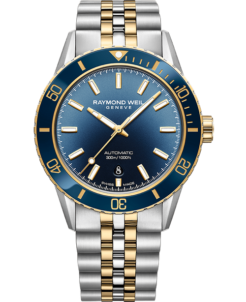 Freelancer Diver Men's Two-Tone Gradient Blue Dial Bracelet Watch, 42.5 mm   Stainless Steel Bracelet, Yellow Gold PVD, Gradient Blue Dial, Blue Ceramic Bezel