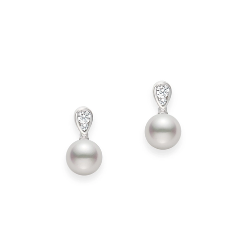 Morning Dew Diamond and Akoya Cultured Pearl Earrings in 18K White Gold