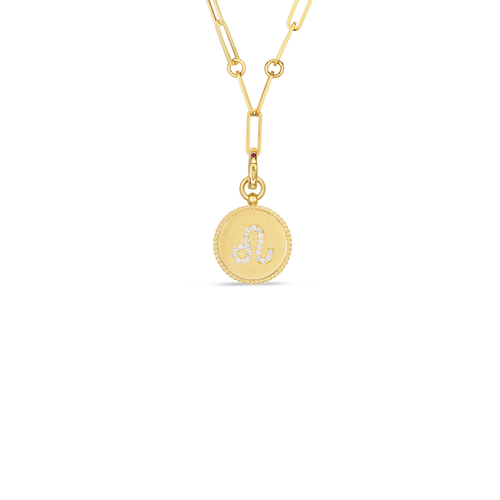 18K YELLOW GOLD VENETIAN PRINCESS DIAMIOND LEO ZODIAC MEDALLION NECKLACE