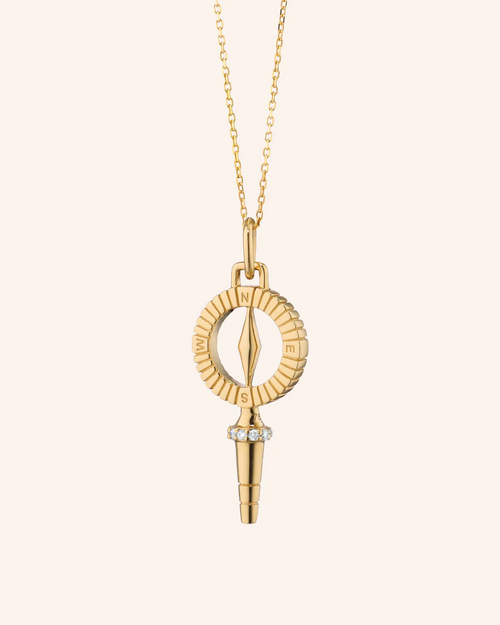 Mini "True North" Compass Key Necklace with Diamonds