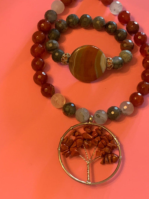 Beaded Carnelian tree of life necklace set