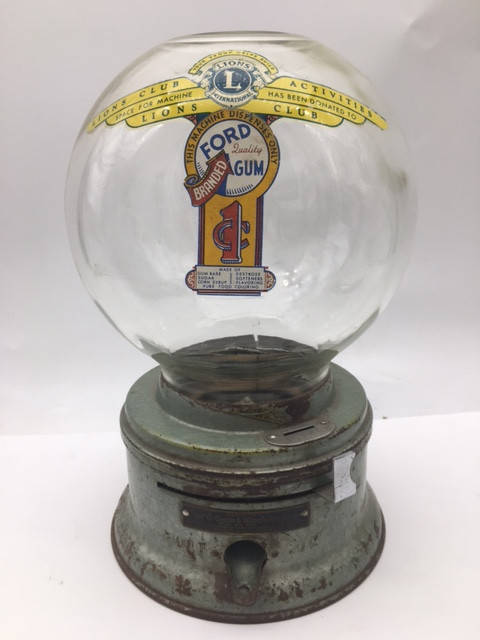 World War II Antique Ford Gum Machine  War Era Gumball Machine  with Art Deco Decal