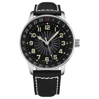 Zeno P554WT-A1 Men's 'Pilot' X-Large world timer Limited Edition Black Dial Black/White Leather Str