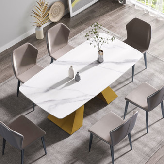 70.87"Modern artificial stone white curved golden metal leg dining table-can accommodate 6-8 people