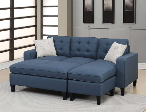 Reversible 3pc Sectional Sofa Set Navy Tufted Polyfiber Wood Legs Chaise Sofa Ottoman Pillows Cushi