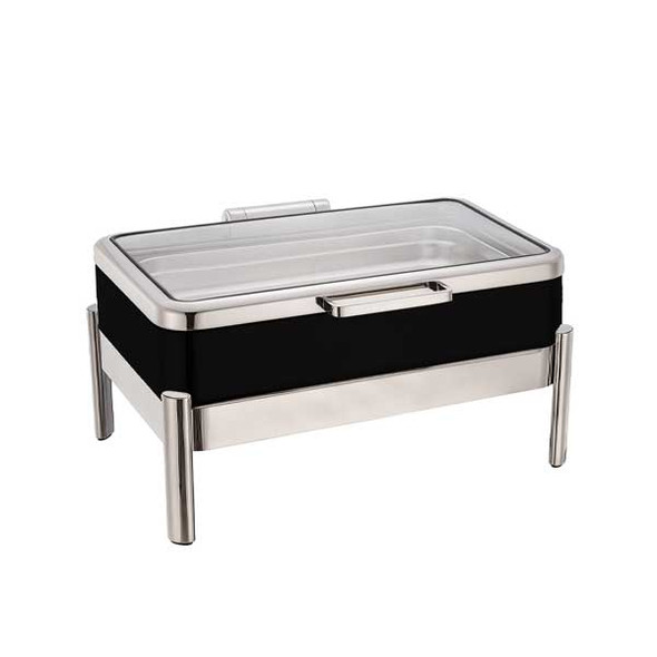 Eastern Tabletop 3875GSMB Jazz Smooth Collection 8 Qt. Rectangular Induction Chafer w/Stand and Full Glass Hinged Cover, Black Powder Base
