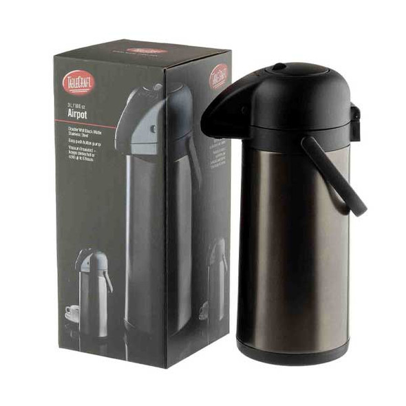 Tablecraft 12661 Vacuum Insulated Airpot, Push Button Lid, 3 Liter, SS, Black Satin Finish