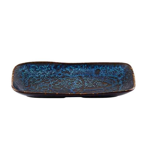 Churchill FRBSPLT11 Inked Fresco 8-5/8" x 5-1/8" Natural Deep Tray, Sapphire Blue - Side View