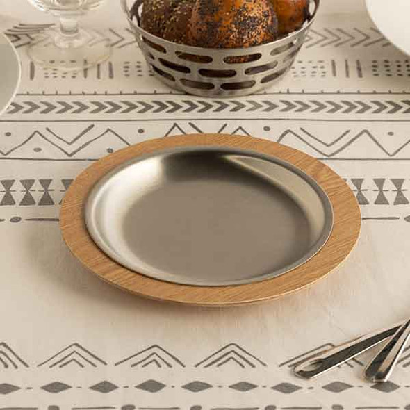 Service Ideas RT701LWC Thermo-Plate Platter Small Round Holder, Light Wood with Stainless Insert