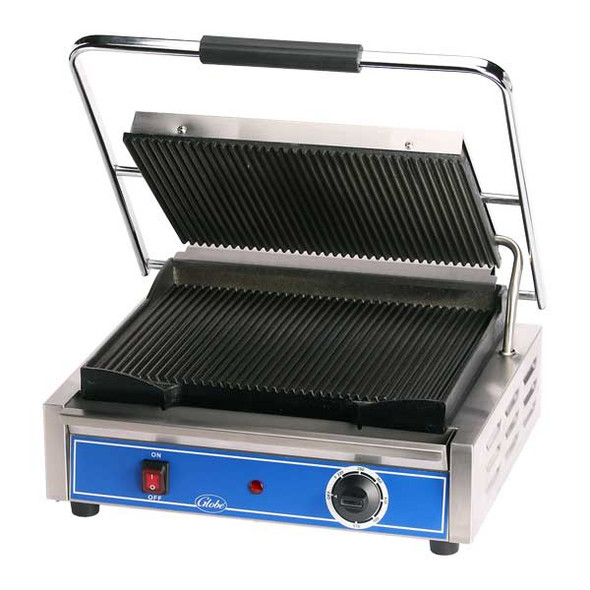 Globe GPG1410 Panini Grill, Grooved Plates, 14" x 10" Cooking Surface, 120V