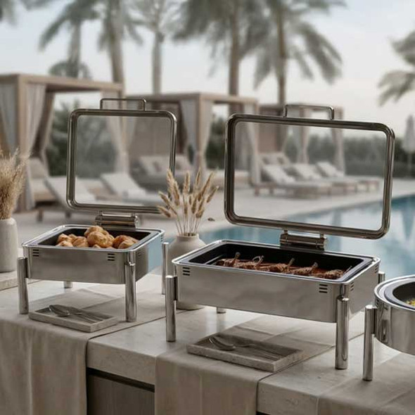 Eastern Tabletop EB15500 Clara 8 qt. Rectangle Waterless Chafer, Polished Stainless Steel
