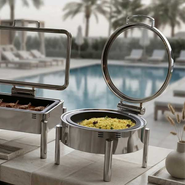 Eastern Tabletop EB15502 Clara 6 qt. Round Waterless Chafer, Polished Stainless Steel