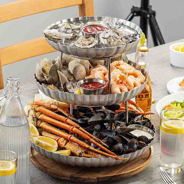 Tablecraft 13160 Round Three-Tiered Scalloped Seafood Tower, Stainless Steel